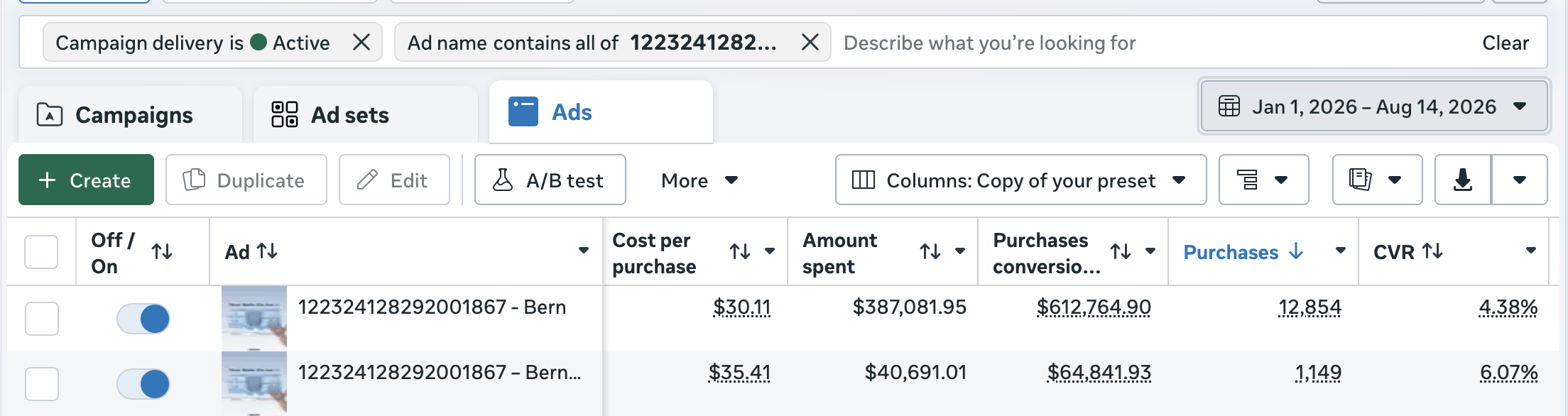 The “Ugly Ad” year-two results: Meta Ads Manager showing $612,764.90 and $64,841.93 in purchase conversion value across two ad variants